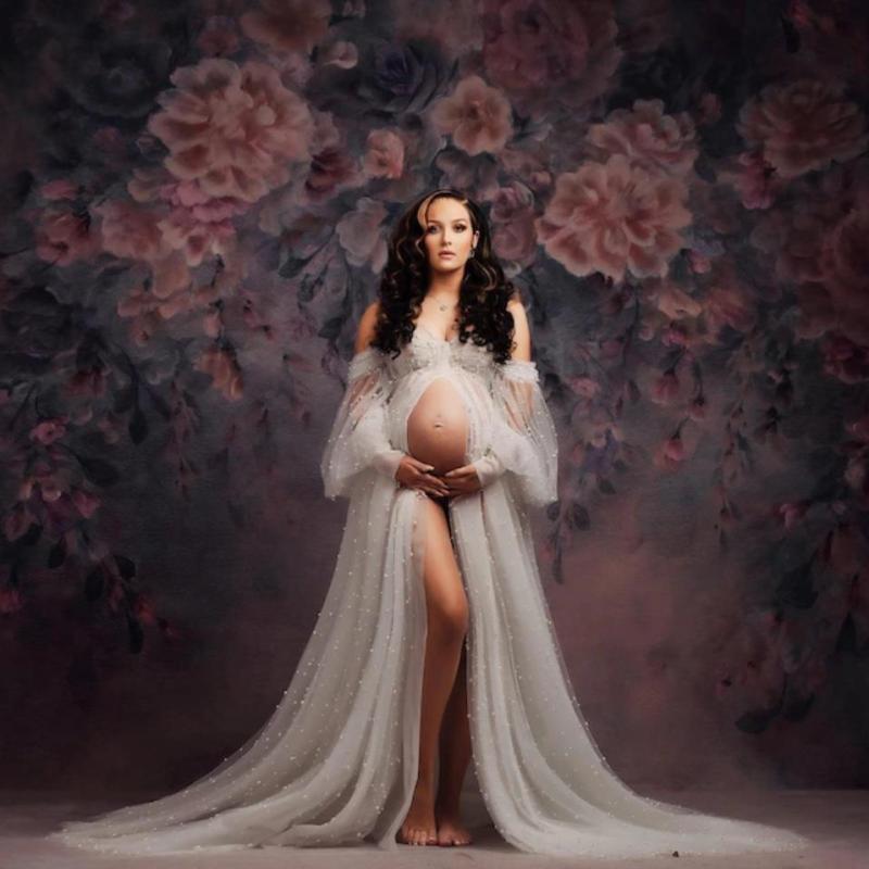 マタニティドレス 妊婦用 写真撮影 スタジオ ロングスカート ソフトネット素材 ビーズ装飾 紐リボン 仙女風 フェミニン かわいい 妊婦姿 優しい シルエット 通年使い 軽量 伸縮性