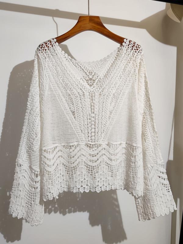 編み物 トップス 七分丈 ボヘミアン 勾 花 透かし彫りの 編み物の レディース 夏の 新型の ゆったりした 長袖の 厚地の外套は トップの 2402を 掛けます。