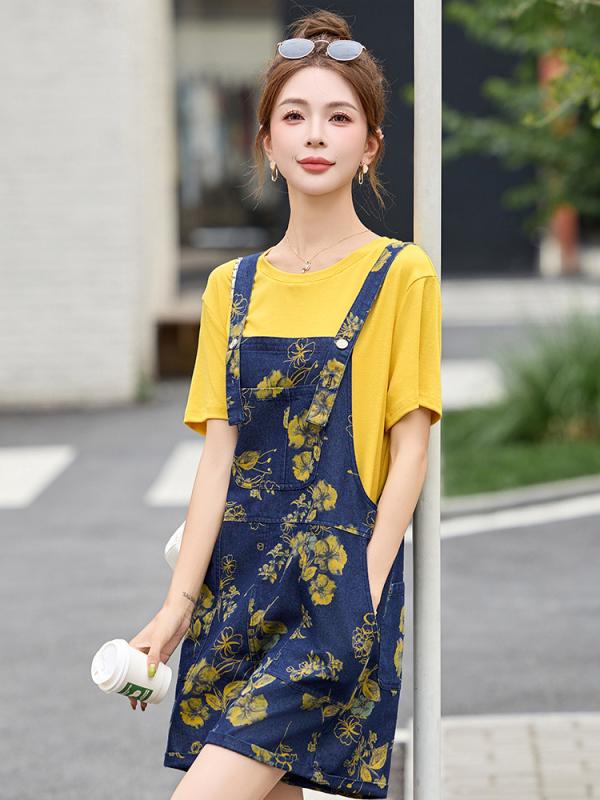 レディース 花柄 デニム オーバーオール 無地 Tシャツ セット ゆったり 薄手 カジュアル 普段使い ストレッチ コットン 混 ワイド レッグ｜新風堂