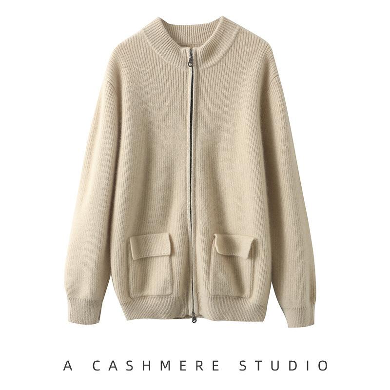 カーディガン メンズ カシミヤ100% ハーフハイネック ジップアップ ニットセーター ショート丈 春物 アウター 暖か 軽量 伸縮性 普段使い 通勤用|新風堂
