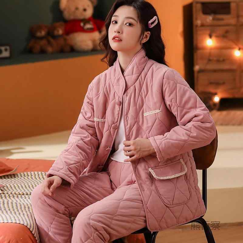パジャマ レディース 秋冬 部屋着 寝巻き ルームウェア 上下セット ホームウェア 中綿入り 三層 3層 暖かい 温かい 暖かい 防寒 厚手 裏起毛 保温 もこもこ フリース コットン 綿 起毛 大きいサイズ 体型カバー 着痩せ 細見え ゆったり 長｜新風堂
