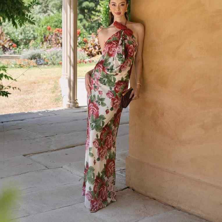 衣装 レディース 気が大きい大きさ マキシ丈 ロングお召しもの ホルターネック 立体御花 3D花飾りつけ 肩出し 明けっ広げ肩部 ノースリーブ 艶っぽい 総柄刷り上げる 細長い切口 晴れ晴れしい お召しもの フォーマル お呼ばれ 寄りあい 二次会 キャバ 野球クラブ