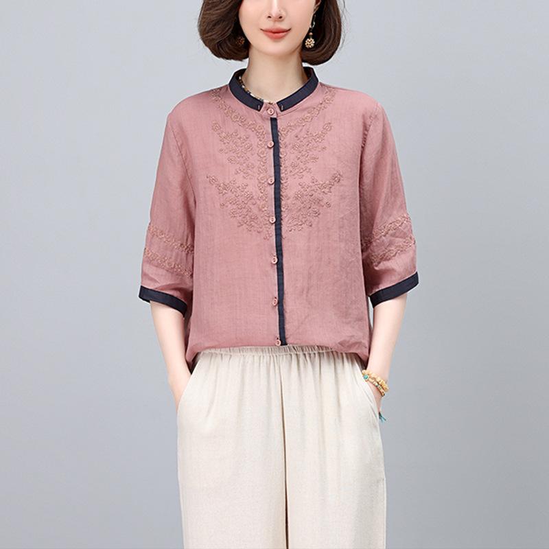 ティーシャツ レディース トップス リネントップ 上着 ティーシャツ 厚地の外套 カットソー 春夏 返り咲き風 レトロ 刺しゅう 縫い バイ色合い うつり変わり 色彩設計 綿麻 麻 リネン 冷やりとした 通気性 軽さ 自然的 心地好い 森御嬢さん 御召しもの 今めかしい 成年者 普