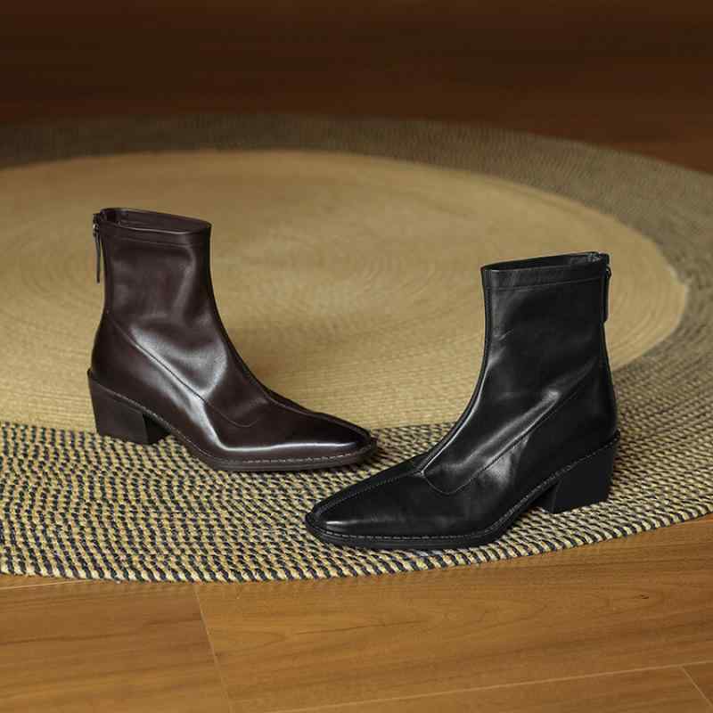 ショートブーツ レディース 女性用 靴 シューズ 秋冬 チャンキーヒール 太ヒール 尖り頭 ポインテッドトゥ ハイヒール 柔らかい 革調 履きやすい 歩きやすい 痛くない 疲れにくい 西部風 ウエスタン風 バックファスナー ジッパー バックジップ スタイ|新風堂