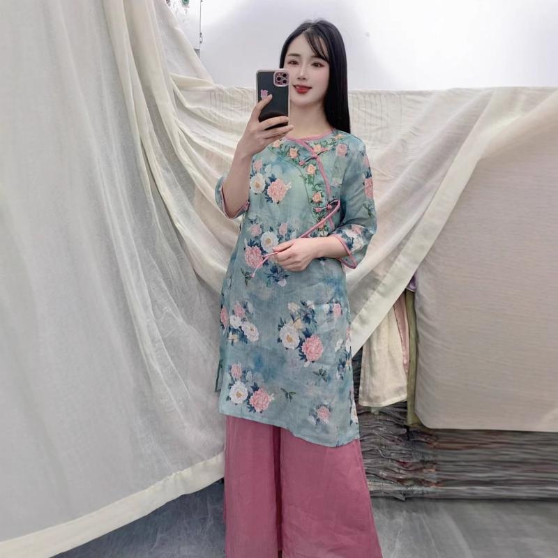 シャツ レディース トップス 春夏 ゆったり 大きいサイズ 体型カバー 長袖 リネン 麻 総柄 ラウンドネック ボタン チャイナ風 切り替え チュニック丈 ブラウス レトロ ヴィンテージ風 ナチュラル カジュアル 快適 吸湿速乾 涼しい 着痩せ|新風堂