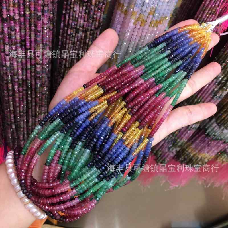 ネックレス サファイア ビーズ 半成品 アクセサリーパーツ 宝石 貴石 カラーストーン ブルー 青色 宝石質 切子 切り子 多面カット ソロバン型 連売り 素材 ジュエリー製作 ブレスレット 手芸 素材 石｜新風堂