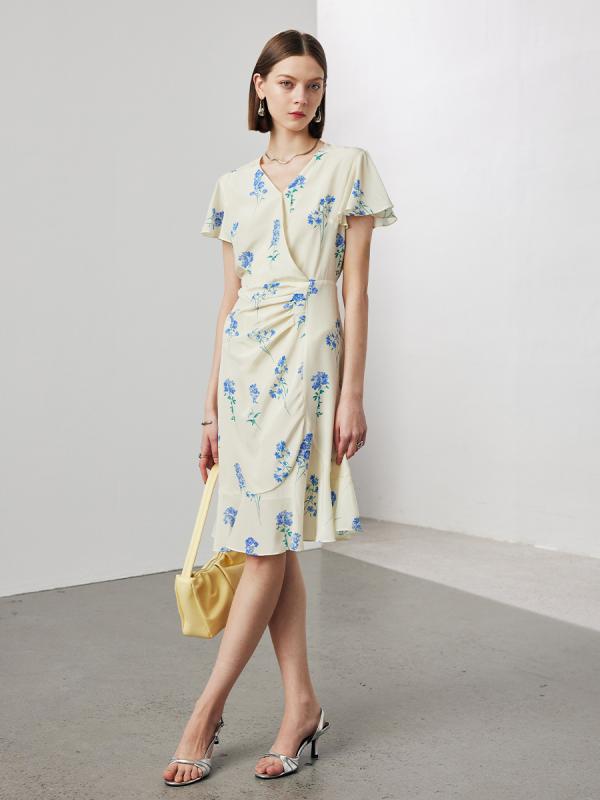 ワンピース レディース 春夏 桑蚕? シルク 半袖 Vネック ミモレ丈 Aライン 花柄 フラワー フェミニン 上品 大人 かわいい エレガント 高級感 涼しい 軽量 薄手 快適 普段使い お呼ばれ 食事会 デート 旅行｜新風堂