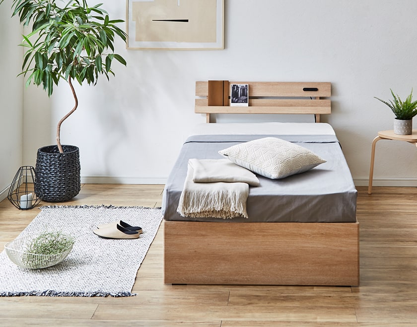 アルミ 収納ベッド セミシングル 木製 ナチュラル セミシングル ベッド