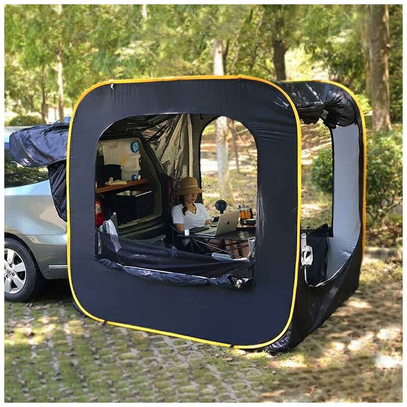 バックドア テント キャンプ用 車用テント トランクテント 震災 災害用 防水・UV機能 メッシュ窓付き 虫除け対策 リアゲート ハッチバックテント 車中泊 車と連結 屋根シート付 簡単設営 アウトドア 台風 防災グッズ black ロッドなし