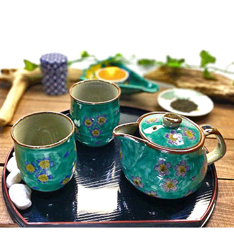 九谷焼 酒井百華園:【お茶の間セット】大 グリーン地桜 裏絵【送料無料ライン対象外】|百選横丁 店