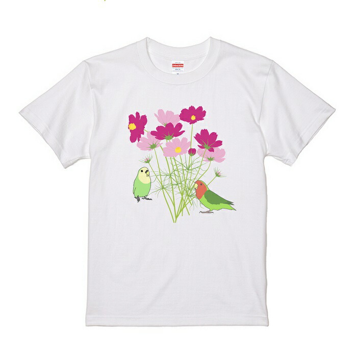 インコ Tシャツ コスモスとインコ イラスト グッズ 小鳥 雑貨 プレゼント かわいい ぶんちょう Buncho 鳥好き 鳥 アニマル オシャレ