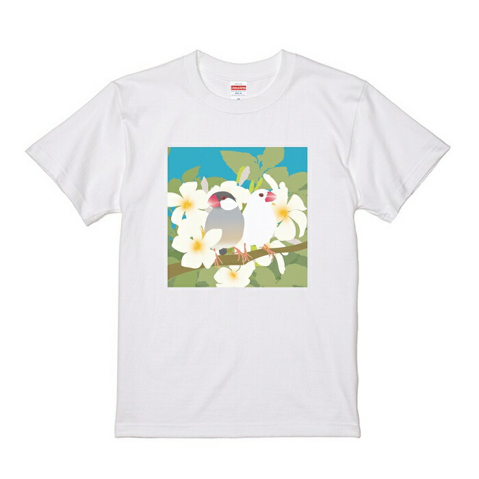 文鳥 Tシャツ かわいい Spica プルメリアと2羽の文鳥 アニマル イラスト スピカ 小鳥 雑貨 グッズ デザイン 鳥 鳥好き