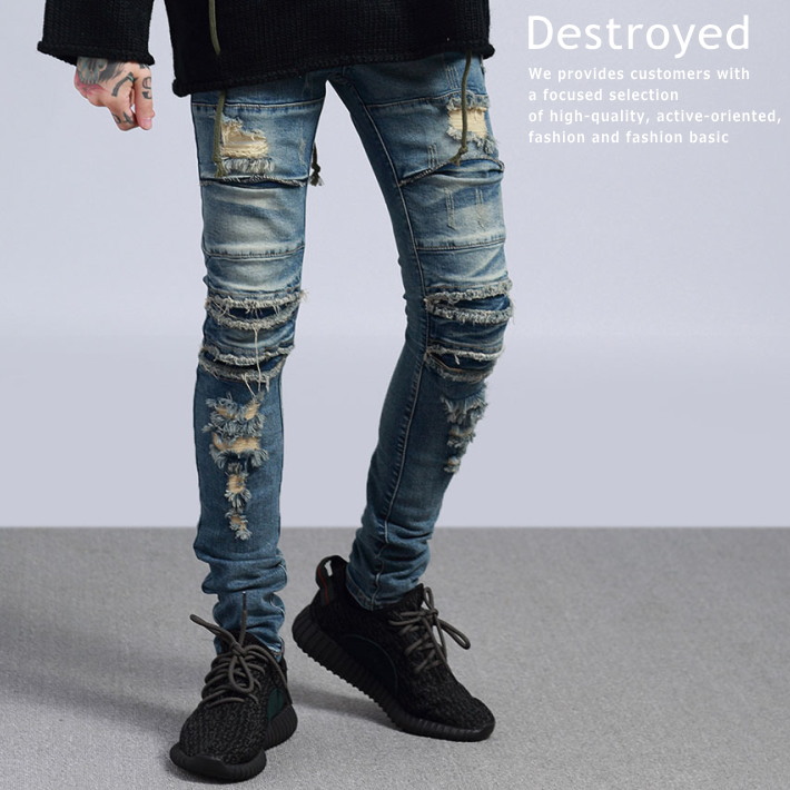 Hype Jeans Men Denim Repair Processing Destroyed Crash Processing