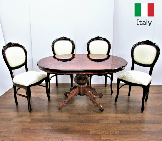 ダイニングテーブルセット 4人掛け 5点 135 象嵌入り イタリア製家具 楕円 オーバル 一本脚 ダイニングチェア 4脚 補強付き ボタニカル柄 ホワイト 象嵌細工 猫脚 ヨーロピアン アンティーク クラシック 輸入家具 送料無料 開梱設置付