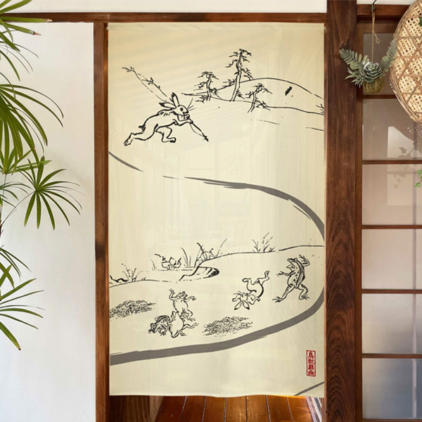 楽天市場】万葉舎 鳥獣戯画のれん 宴 麻100％ 88×150cm】麻のれん