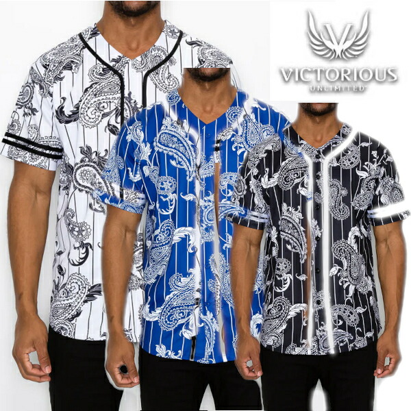 【3色】VICTORIOUS BASEBALL PAISLEY JERSEY ペイスリー柄ベースボールジャージ バンダナ　ベースボールシャツ　ボタンシャツ メンズ　ゲームシャツ大きいサイズ　スポーツウエア　スポーツウエア BANDANA【ジャージー/オープンシャツ】
