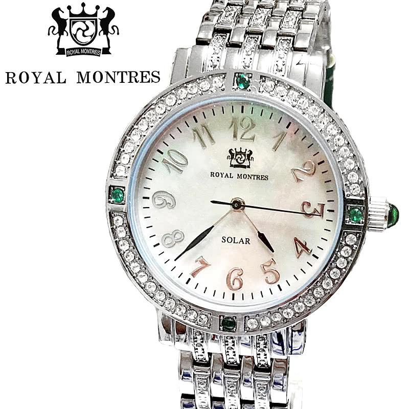 ROYAL MONTRES エメラルド天然石 ソーラー腕時計 RM-0015-SVEM メンズ 宝石鑑別書付 日常防水 白蝶貝文字盤 クリスタル48石 ロイヤルモントレス【送料当社負担】