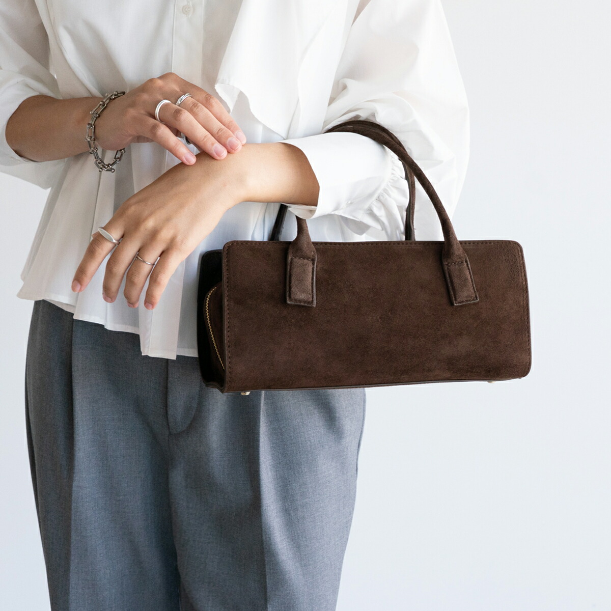 今季完売yuki(ドキ子さん)コラボ本革横長スエードバッグバゲットバッグブラウン yuki(ドキ子さん)ROOMコラボ】 本革 ボストン 横長バッグ バゲット