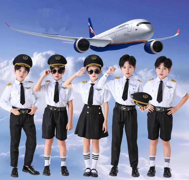 子供 ダンス衣装 パイロット 飛行士 キャプテン 制服 ポリス コスプレ衣装 キッズ 舞台衣装 ステージ衣装 イベント 発表会 ダンス 演出衣装 女の子 男の子 長袖/半袖 シャツ＋スカート/ズボン 帽子 ネクタイ 靴下 肩章 ワッペン 子供服 カジュアル 学園服 白＋黒 100～180cm画像
