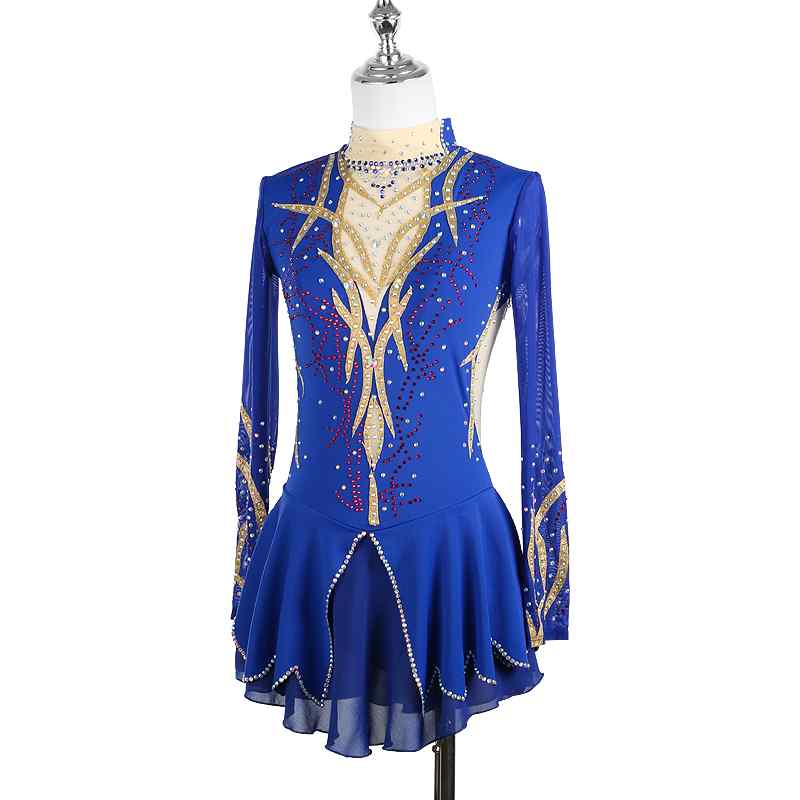 フィギュアスケート 衣装 アイスダンス スケート ドレス パフォーマンス スカート 女の子 スケート 服 子供 大人 競技 ステージ 美しい サファイア ブルー 長袖 ゴージャス