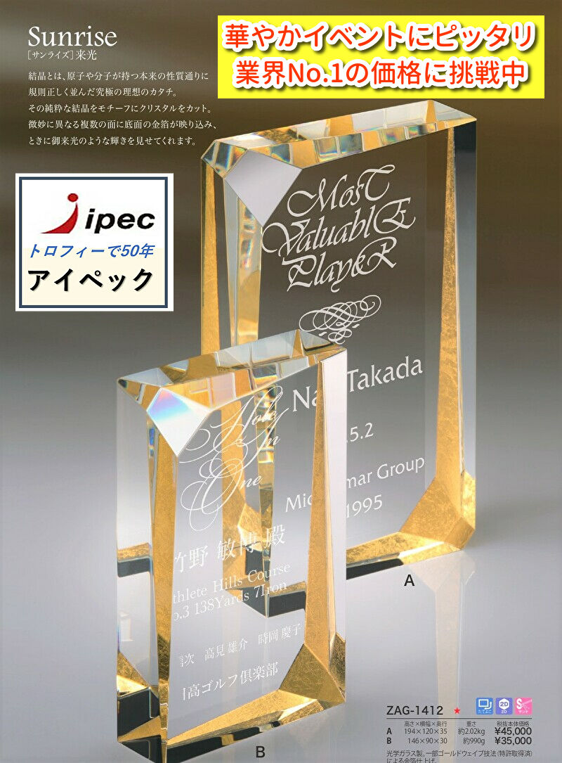 盾 クリスタル ZAG-1412-A Aサイズ 高さ19cm 企業表彰 イベント 記念 ゴルフ　優勝 23,760円