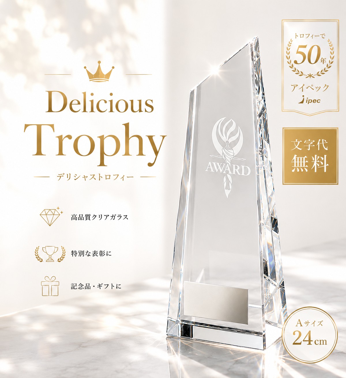 クリスタル　ゴルフ　VT-3130-A Aサイズ 　24cm ガラス 盾 文字代無料 野球 音楽 企業表彰 サッカー コンペ 社内表彰 盾 ゴルフトロフィー｜アイペック店