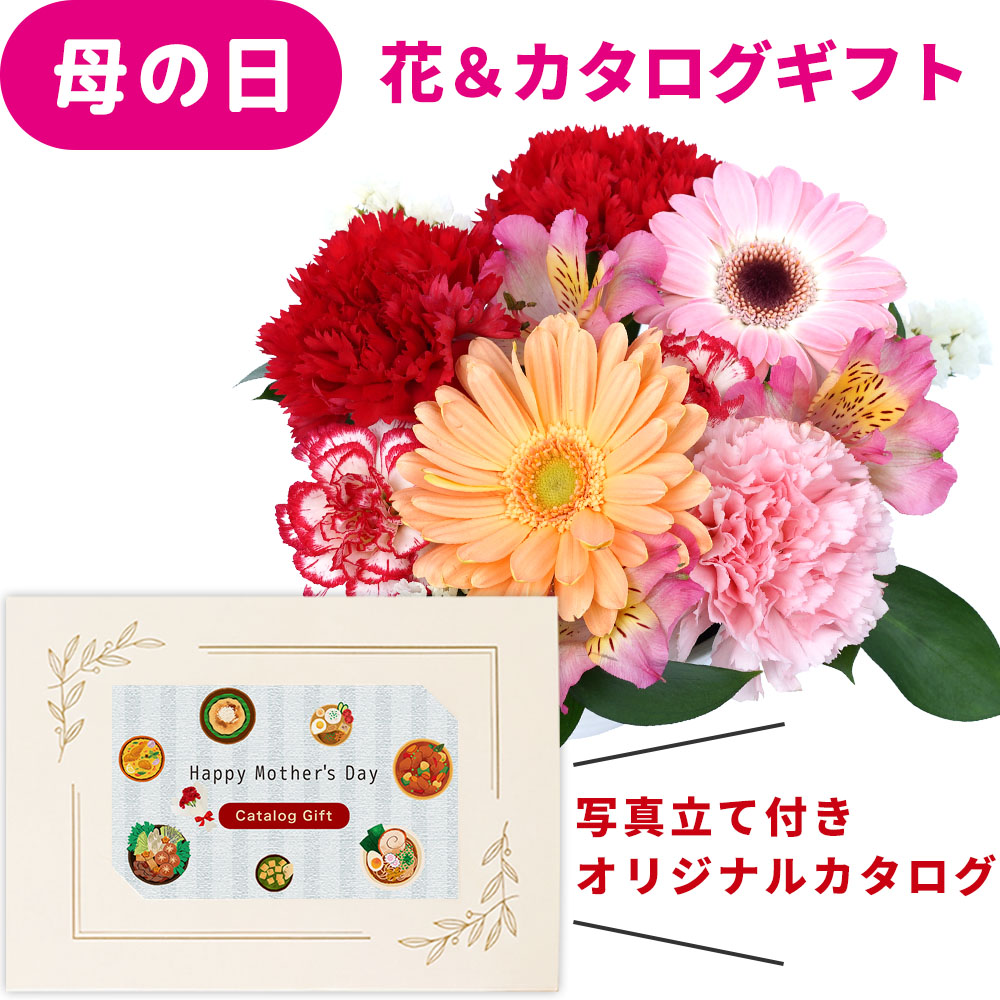 母の日 ギフト 花とカタログ 2026 花 セット 生花 大輪 カーネーション ガーベラ アレンジ と カード カタログギフト オリジナル 写真入り カードカタログ 50代 60代 70代 80代 プレゼント 母の日花セット 高級 20000円 以下 妻 嫁 jo-ho-c [ak] (HSE)