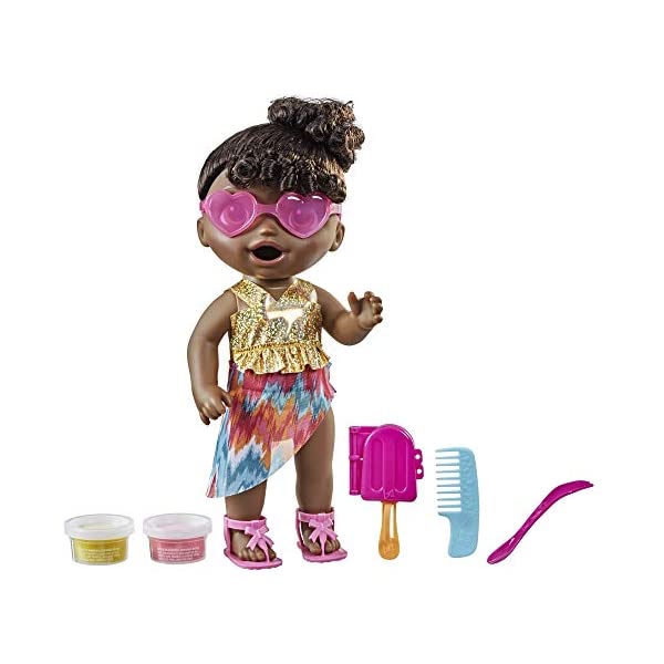 ベビーアライブ 赤ちゃん 人形 ベビードール おままごと 着せ替え フィギュア 知育玩具 Baby Alive Sunshine Snacks Doll, Eats and Poops, Summer-Themed Waterplay Baby Doll, Ice Pop Mold, Toy for Kids Ages 3 and Up, Black Hair