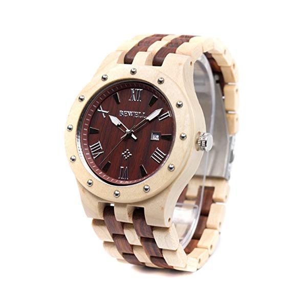 ビーウェル BEWELL ウッドウォッチ 木製腕時計 メンズ 男性用 109A-MPRD-ZS Bewell Men Wooden Watches Handmade Date Display Analog Quartz Luminous Wristwatch