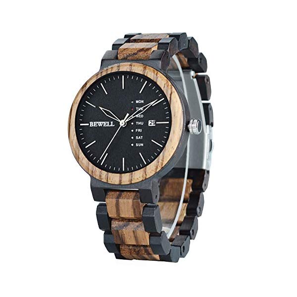 ビーウェル BEWELL ウッドウォッチ 木製ウオッチ メンズ 成人男性用 Bewell Men\u0027s Wood Quartz Watches Zebrawood and Ebony Wooden Watch with All Wood Strap