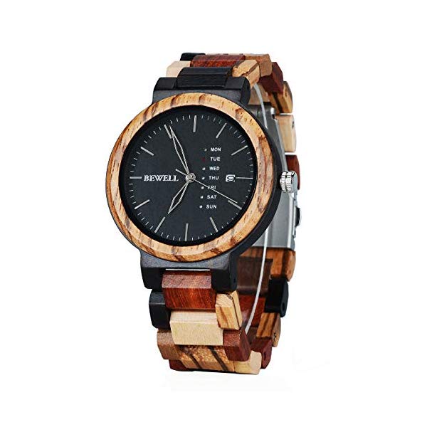 ビーウェル BEWELL ウッドウォッチ 木製腕時計 Men Colorful Wood Watches Multifunction Week & Date Quartz Mix Wooden Wrist Watch Lightweight Unique Gift
