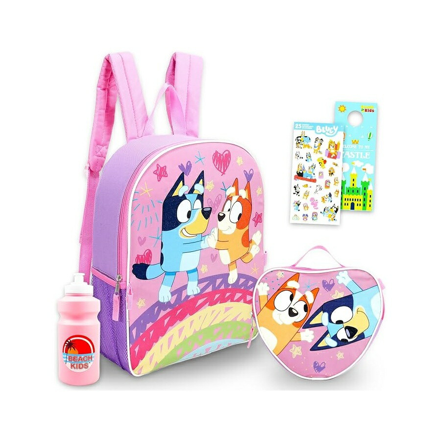 ブルーイー ビンゴ グッズ バックパック リュック バッグ プレゼント ギフト キッズ ランチボックス付き 女の子用 ピンク 15インチ スクール ランチバッグ 学用品 子供用 Bluey and Bingo Backpack with Lunch Box for Girls Bundle with Pink 15" School|i-selection