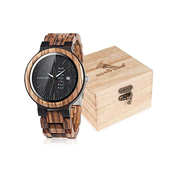 ボボバード BOBO BIRD 腕時計 木製 時計 ウッドウォッチ メンズ 男性用 BOBO Bird Week and Date Multi-Functional Display Men's Zebra Wooden Quartz Watch Lightweight Handmade Casual Wristwatches with Gift Box｜i-selection