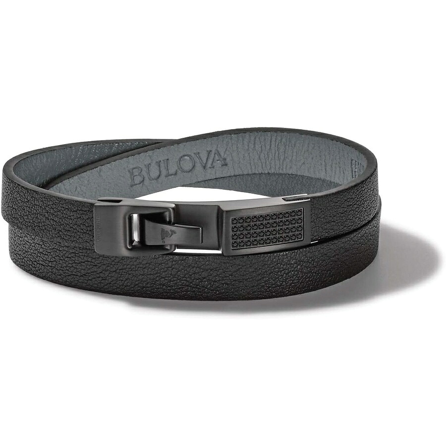 ブローバ メンズ ラテン グラミー ダブルラップ ブラック レザー ブレスレット ダイヤモンドとクラスプ留め Men's Latin GRAMMY Double Wrap Black Leather Bracelet with Diamonds and Clasp Closure|i-selection