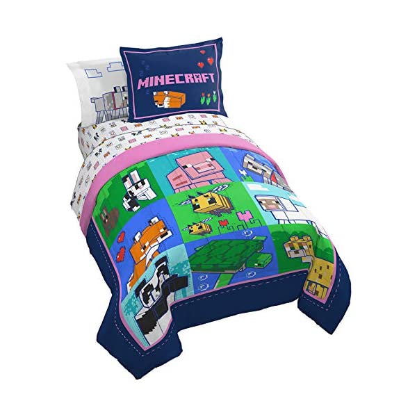 マインクラフト ベッドカバー 枕カバー ベッドセット インテリア おもちゃ グッズ Jay Franco Minecraft Animal Patch 5 Piece Twin Bed Set Includes Comforter Sheet Set Bedding Super Soft Fade Resistant Microfiber Official Minecraft Product