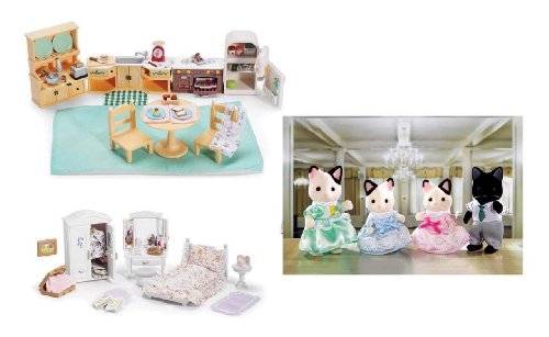 Sylvanian Families Doll Kitchen Lavender Bedroom Tuxedo Cat Calico Critters Kozy Kitchen Lavender Girls Bedroom And Tuxedo Cat Family