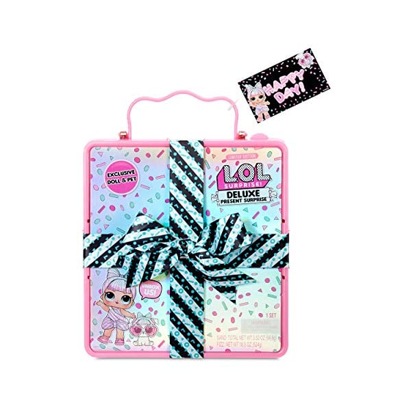 LOLサプライズ おもちゃ グッズ フィギュア 人形 ファッションドール L.O.L. Surprise! Deluxe Present Surprise (Pink) with Limited Edition Doll and Pet In Party Gift Box Packaging With Surprise Treats, Outfits, Shoes, Confetti, Sand, Color Change