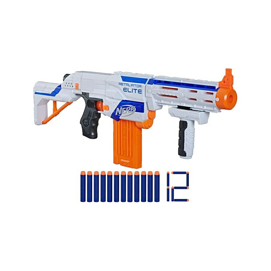 NERF N-ストライク エリート リタリエイター ブラジャーはやりっ子 買い溜める 手持ち部分 バレル ゼムクリップ 12 個 ダーツ 12 本 室外手あそび 8 歳以上 (押さえる) NERF N-Strike Elite Retaliator Blaster, Stock, Grip, Barrel, 12-Clip, 12 Darts, Outdoor Toys for Kids 8+