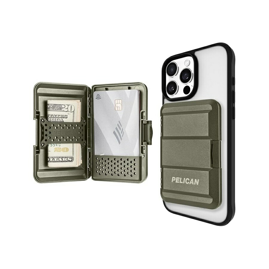 伽藍鳥 MagSafe ウォレット iPhone 用 高耐久 MIL-STD スナップオン電話を掛ける磁気ウォレットと電話を掛ける歌留多 保持者 取りはずし能力のあるでか細いな捉え所のない容れもの iPhone 17 Pro Max/16 Pro Max/15/14/Pixel 10 用 OD 緑であること Pelican MagSafe Wallet for iPhone Heavy Duty