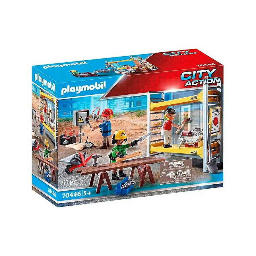 肉体労働者と集まりにプレイモービルの足がかりを組み立てる Playmobil Scaffolding with Workers