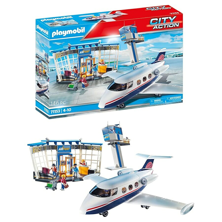 PLAYMOBIL シティ 行動 71153 航空機付き添い人飛行場 取りはらい能力のあるな大屋根付き添い人の手あそびの航空機付き添い人 4 歳以上のお子さん向けの手あそび付き添い人 PLAYMOBIL City Action 71153 Airport with Airplane, Includes Toy Plane with Detachable Roof, Toys for Children Ages 4 and Up