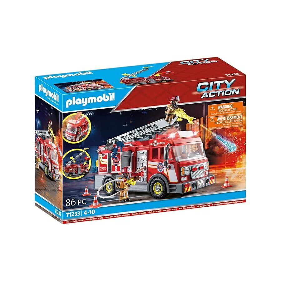 プレイモービル消防自動車 付属物と図形2体付き添い人 Playmobil Fire Truck with Accessories and 2 Figures