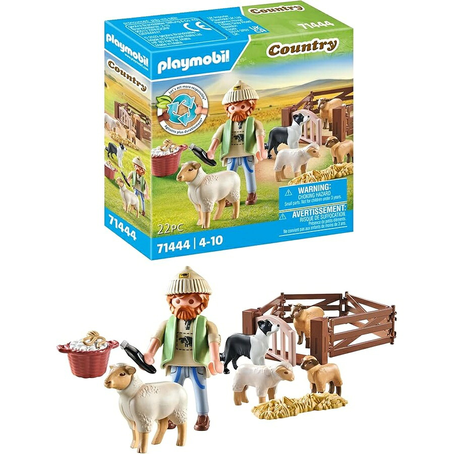 PLAYMOBIL Country 71444 羊飼いと羊の有象無象 間借り人コリー バリカンと麦わら 想い浮かべる力惜しみ無いで好いたらしいロールプレイ 4歳以上の小わっぱ向け手あそび PLAYMOBIL Country 71444 Shepherd with Sheep Flock, Border Collie, Hair Clipper and Straw, Imaginative and Fun Role