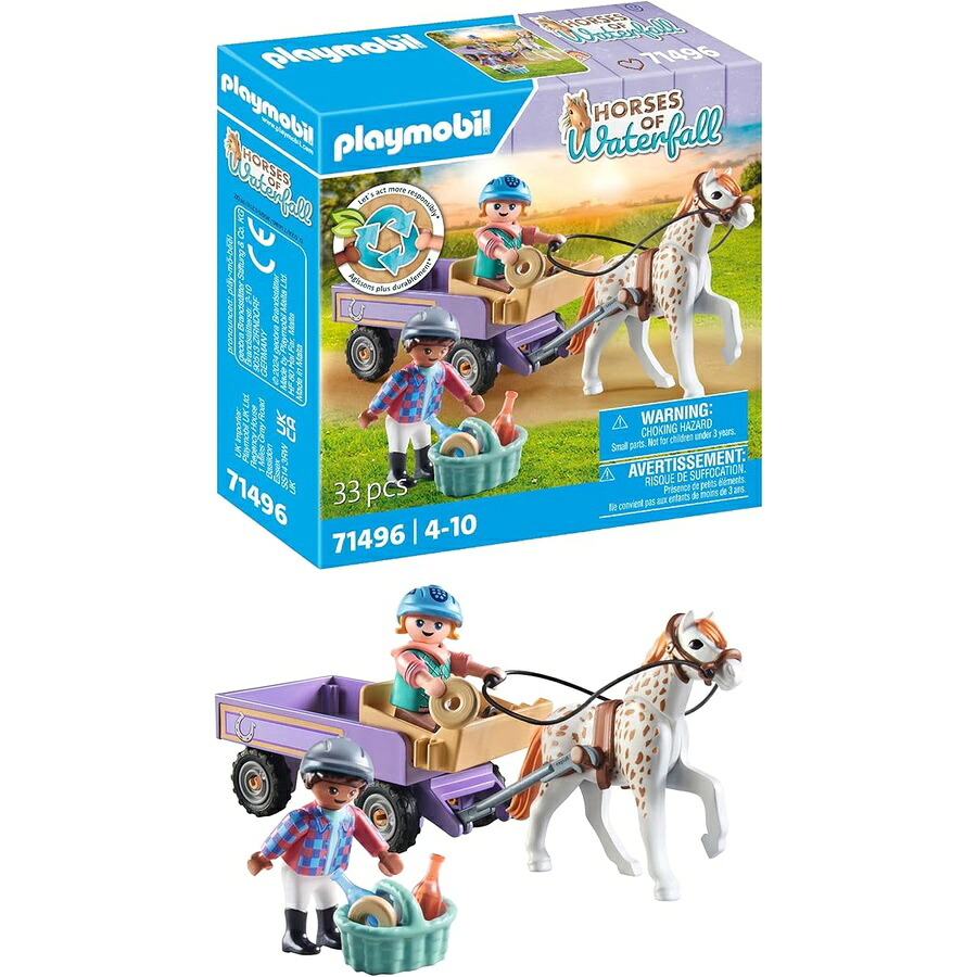 PLAYMOBIL 滝の馬 71496 子馬付き添い人荷馬車 子馬の巫女寄せの乗物 滝牧草地の興味深いな乗り出す 4 歳の赤ちゃん向けの事細やかにな手あそび PLAYMOBIL Horses of Waterfall 71496 Carriage with Pony, Magic Ride on Pony, Exciting Adventures on Waterfall Ranch, Detailed Toys