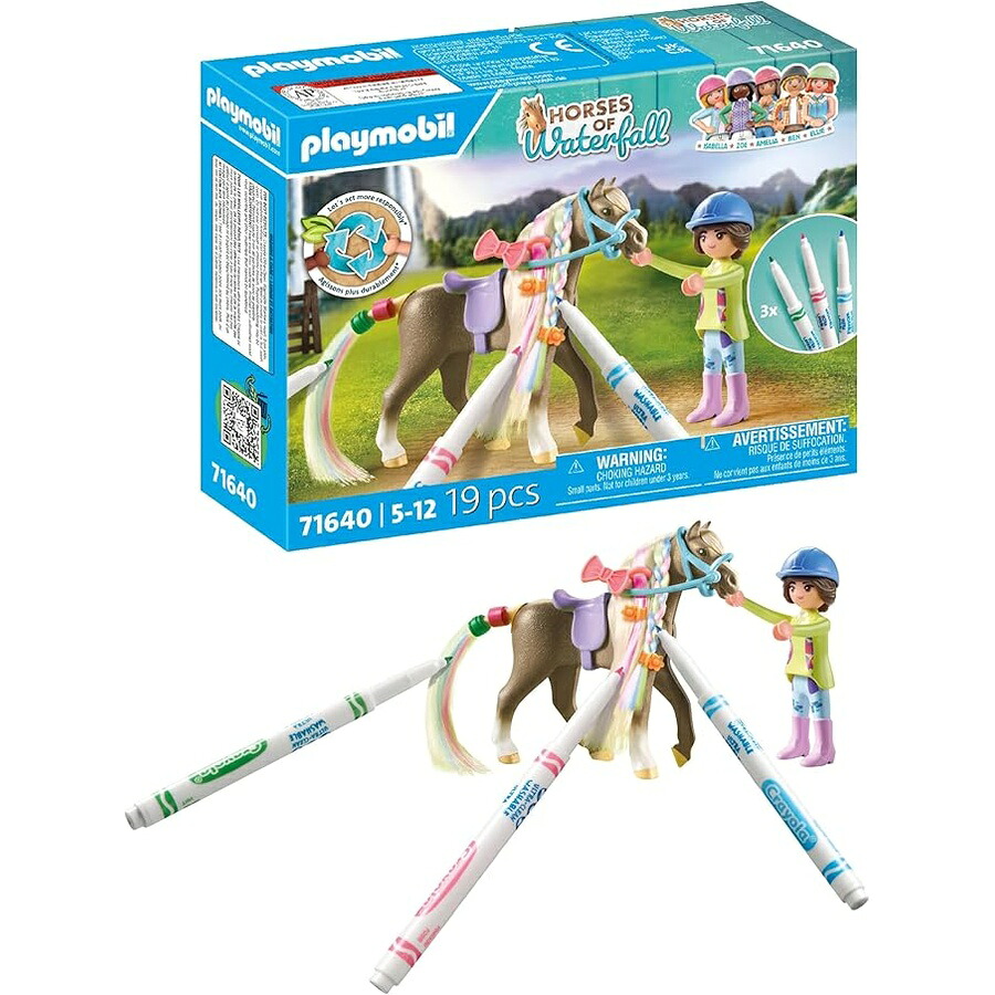 PLAYMOBIL Horses of Waterfall 71640 馬と書き込み付き添い人創作的書き割り 図形1体 馬1体 クレヨラペン3本が含まれ 5歳からのちびっ子向けの工芸的な手あそび PLAYMOBIL Horses of Waterfall 71640 Creative Set with Horse and Pens, Includes One Figure, a Horse