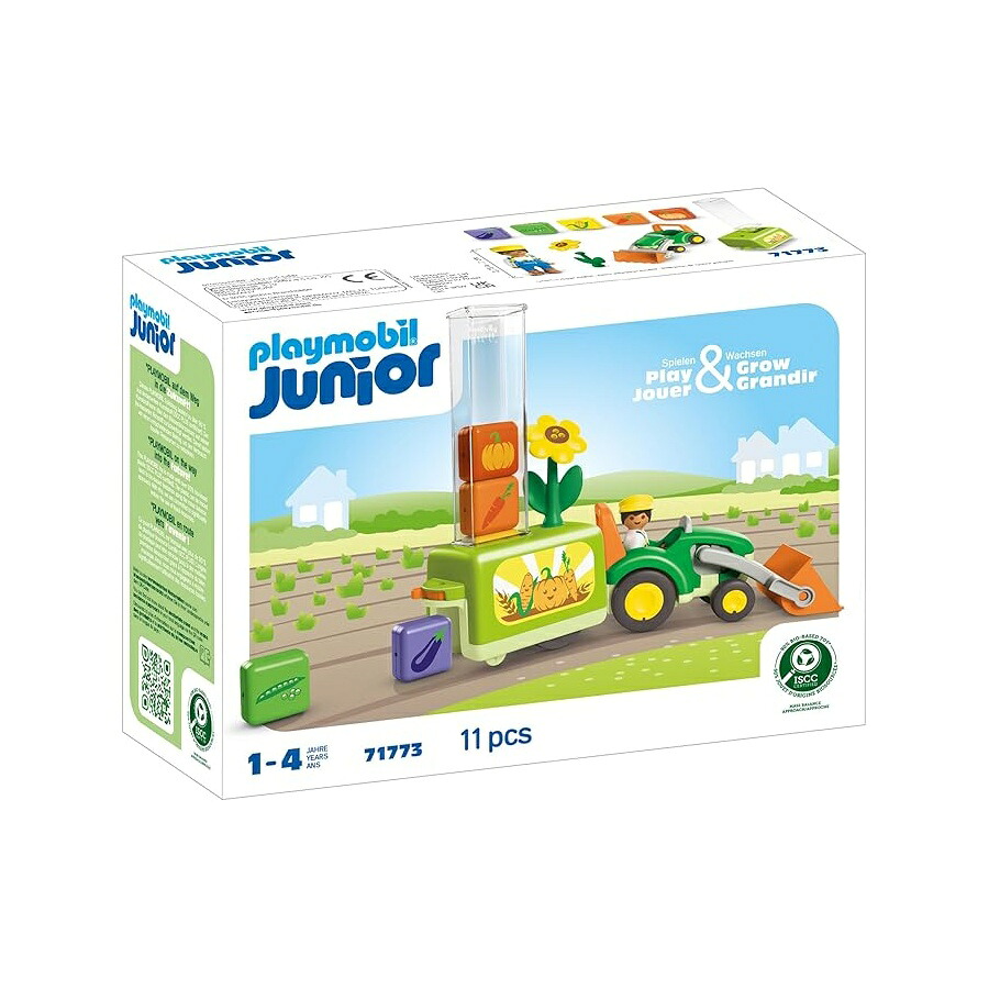 プレイモービル お坊っちゃん: 読み込むおよび落っこちる プランター付き添い人トラクタ Playmobil Junior: Tractor with Load and Drop Planter