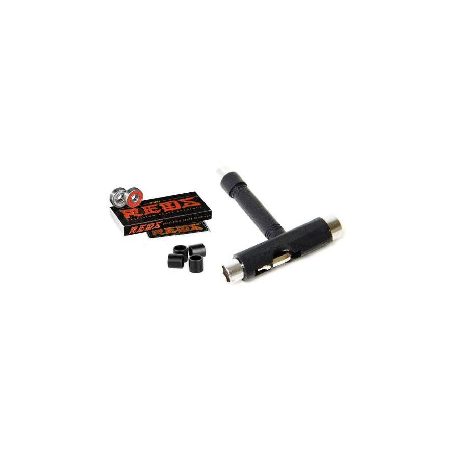 ボーンズ レッズ ベアリング + 滑る T 物の具 + スペーサー (黒いこと) Bones Reds Bearings + Skate T-Tool + Spacers (Black)