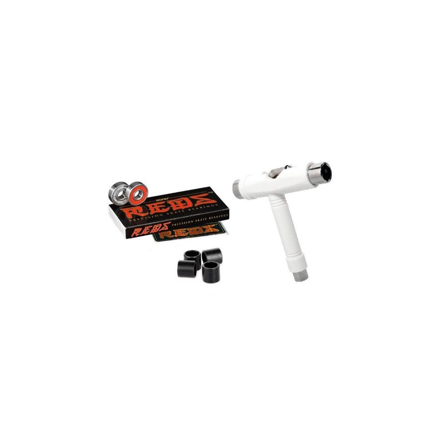 ボーンズ レッズ ベアリング + 滑る T 物の具 + スペーサー (白いこと) Bones Reds Bearings + Skate T-Tool + Spacers (White)