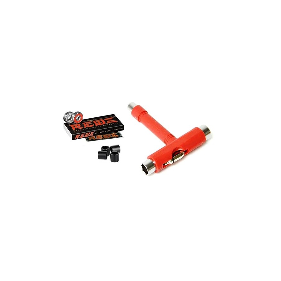ボーンズ レッズ ベアリング + 滑る T 物の具 + スペーサー (赤いこと) Bones Reds Bearings + Skate T-Tool + Spacers (Red)