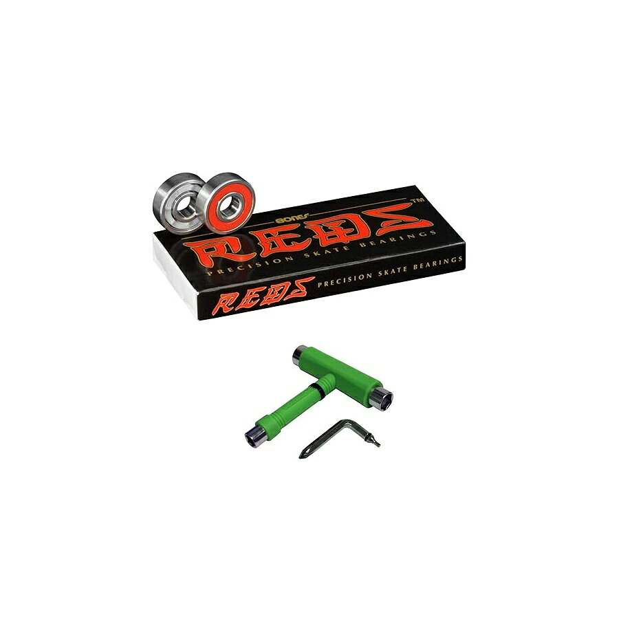 ボーンズ レッズ ベアリング + 滑る T 物の具 + スペーサー (緑であること) Bones Reds Bearings + Skate T-Tool + Spacers (Green)